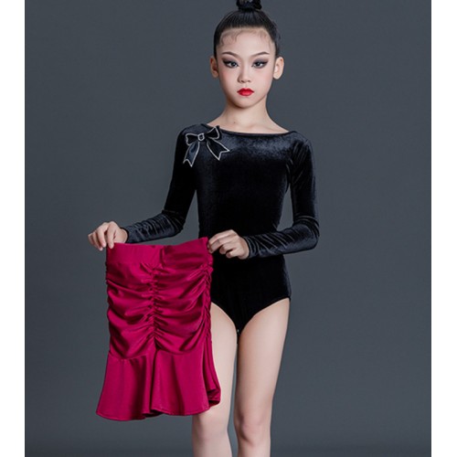 Girls kids velvet black with fuchsia latin dance dresses with bowknot ruffles modern ballroom latin salsa cha cha  dance skirts for children